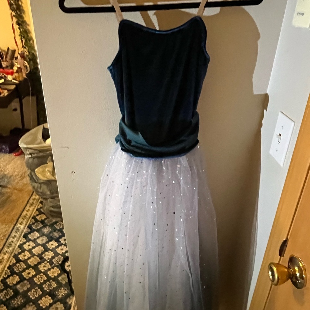 ADULT SMALL dance costume Blue and White Dress with Sparkle Skirt